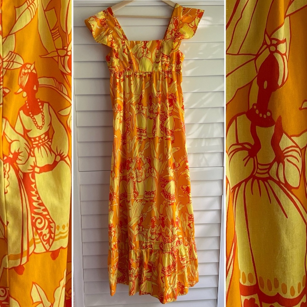 Vintage Ruth Clarage Orange Yellow Cotton Hand Printed African Women Maxi Dress